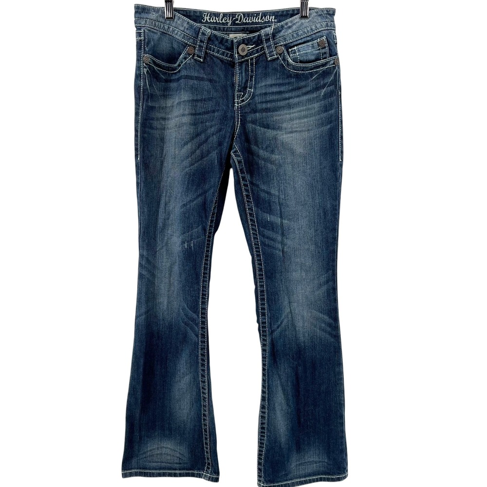 Harley Davidson Womens Bootcut Jeans Blue Dark Wash Contrast Stitch Size 8